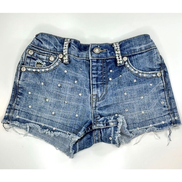 HANNAH BANANA Jean Shorts Rhinestone Bling Distressed Camo Frayed Denim Girls 6X - Picture 1 of 7